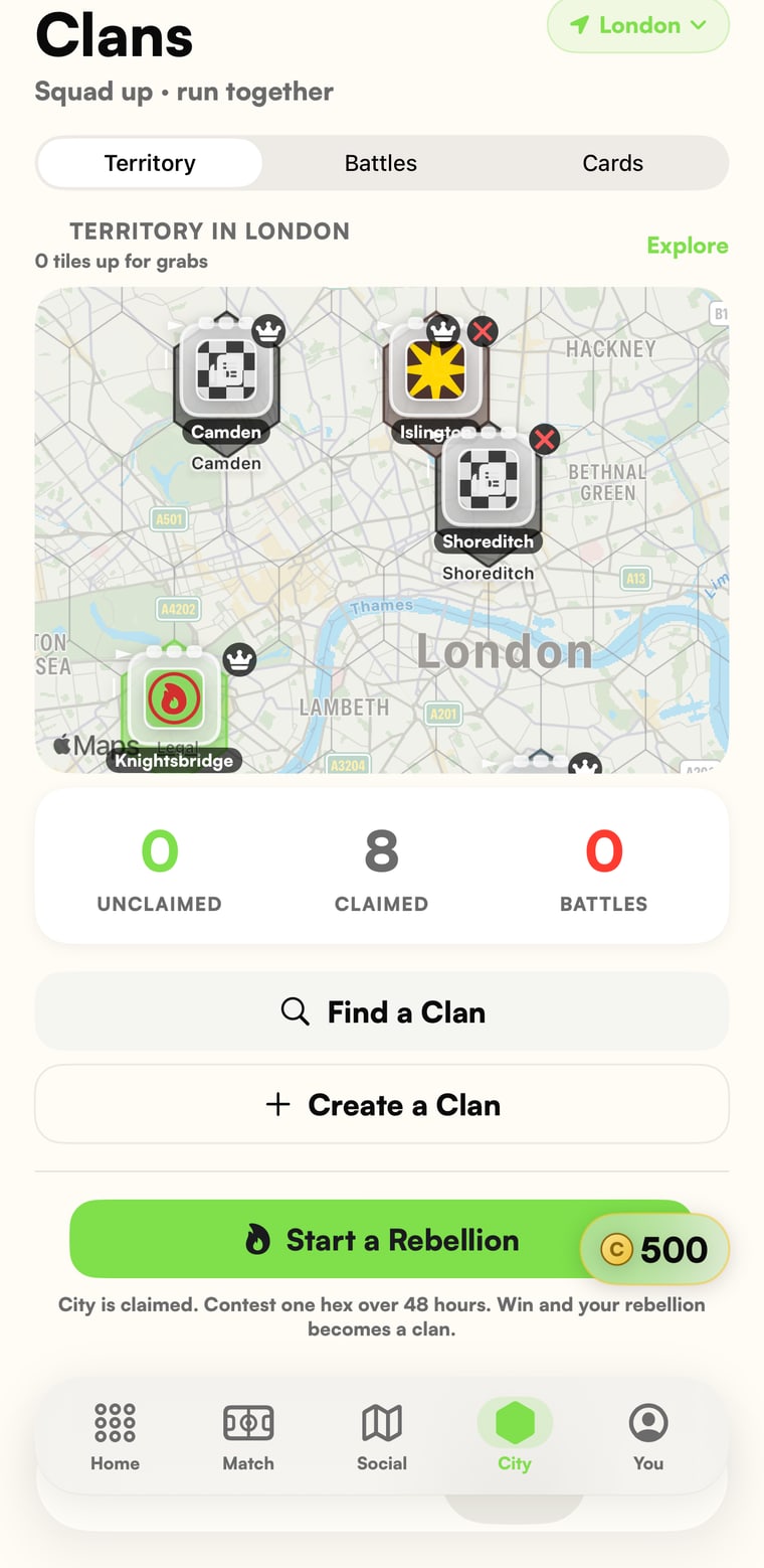 PickUp Play clans screen showing London territory map