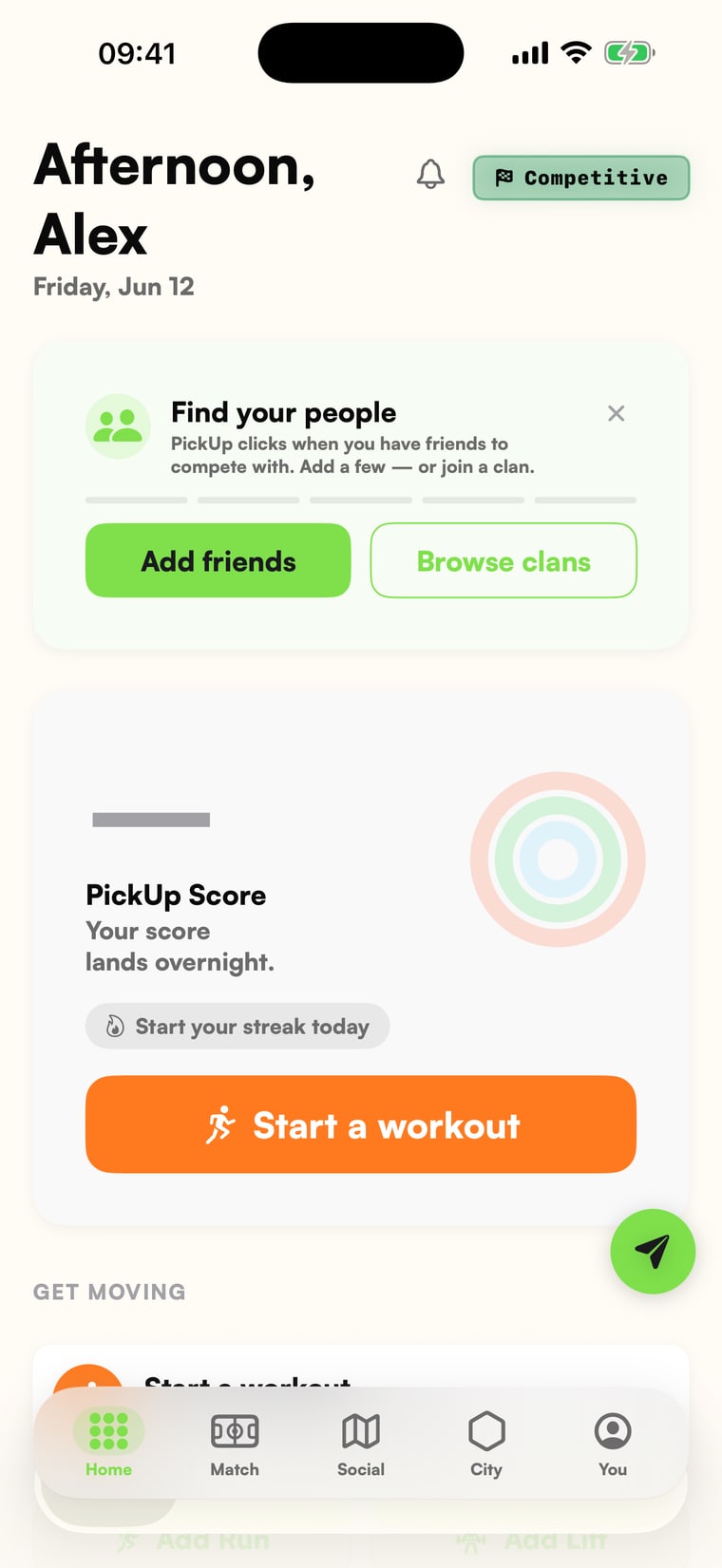 PickUp Play home screen showing the daily PickUp Score, streak, and Start a workout button
